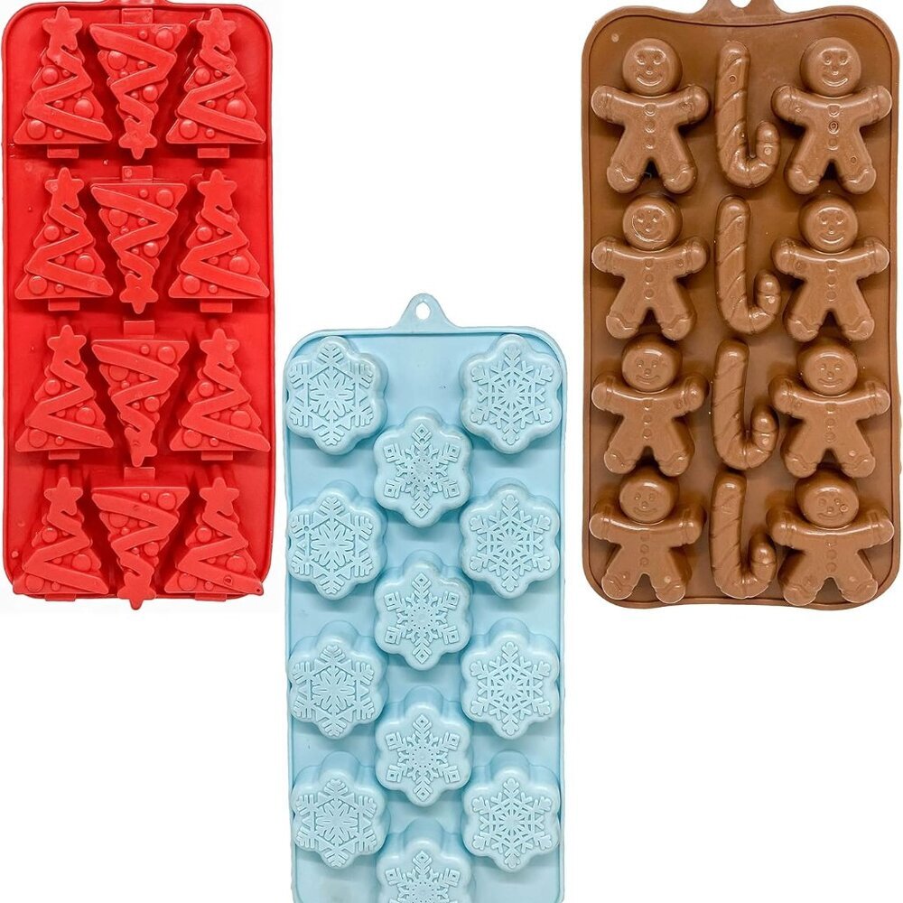 Set of 3 Holiday Christmas Shaped Silicone Ice Cube Soap Making Trays/Molds - Gi